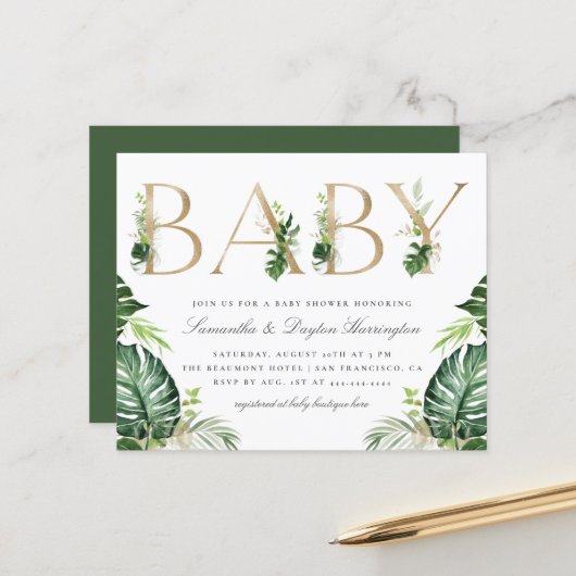 Papier Budget Tropical Greenery Gold Lettres Baby shower (Devant/Arrière en situation)