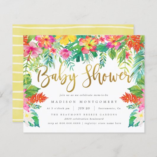 Papier Budget Tropical Hibiscus Foliage Baby shower Or (Devant / Derrière)