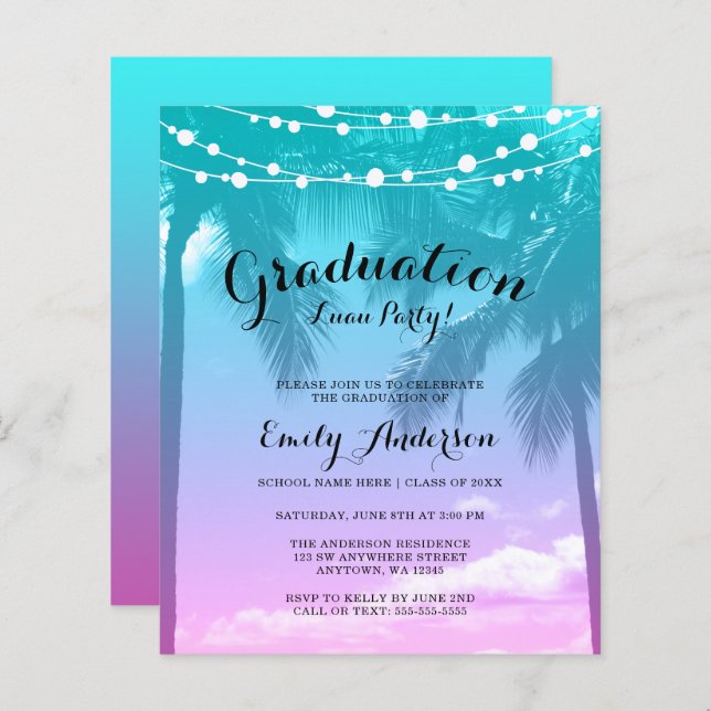 Papier Budget Tropical Luau Turquoise Pink Graduation Par (Devant / Derrière)