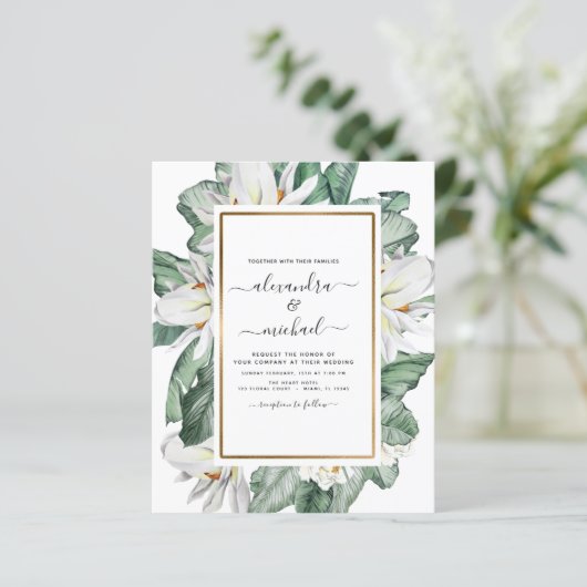 Papier Budget Tropical Magnolia Palm Faire-part de mariag (Debout devant)