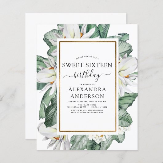 Papier Budget tropical Magnolia Sweet 16 Invitation (Devant / Derrière)