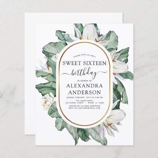 Papier Budget tropical Magnolia Sweet 16 Invitation (Devant / Derrière)