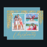 Papier Budget Tropical Merry Christmas Photo Holiday Card<br><div class="desc">Petites cartes de Noël en papier de 4, 5 po x 5, 6 po avec frondes de palmiers tropicaux en faux or sur bleu turquoise, vos photos préférées et les noms sur ces cartes photos de vacances. Ces cartes photos de vacances abordables sont imprimés sur papier de 110 livres disponible...</div>
