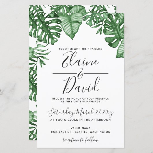 Papier Budget Tropical Palm Green Faire-part de mariage (Devant / Derrière)