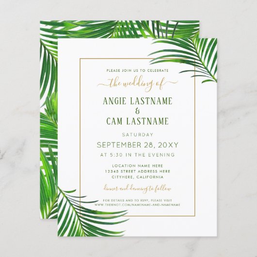 Papier Budget Tropical Palm Leaf Green Invitation (Devant / Derrière)