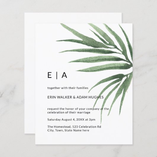Papier Budget Tropical Palm Leaf Minimal Mariage Invitati (Devant / Derrière)
