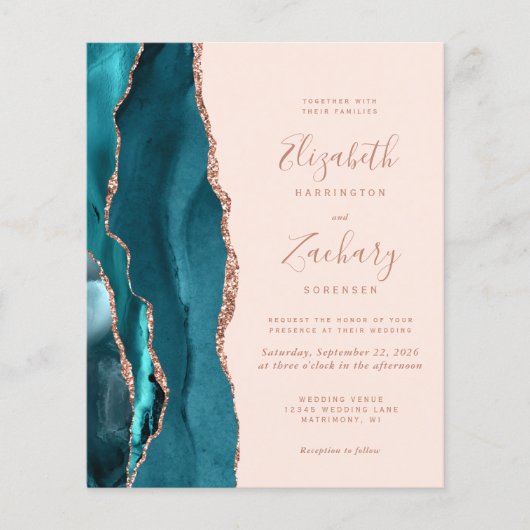 Papier Budget Turquoise Agate Rose Gold Blush Wedding Inv (Devant)