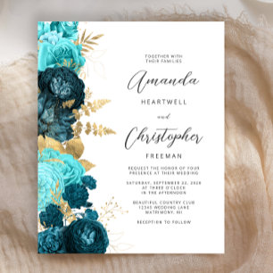 Papier Budget Turquoise Aqua Floral Gold Script Wedding I
