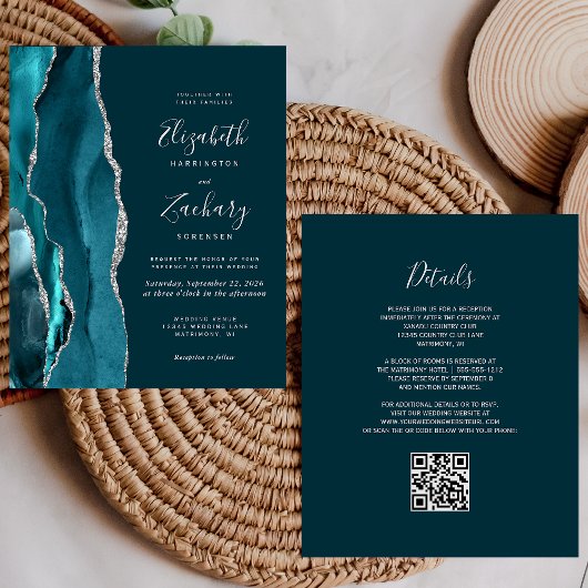 Papier Budget Turquoise Argent Agate Code QR Mariage