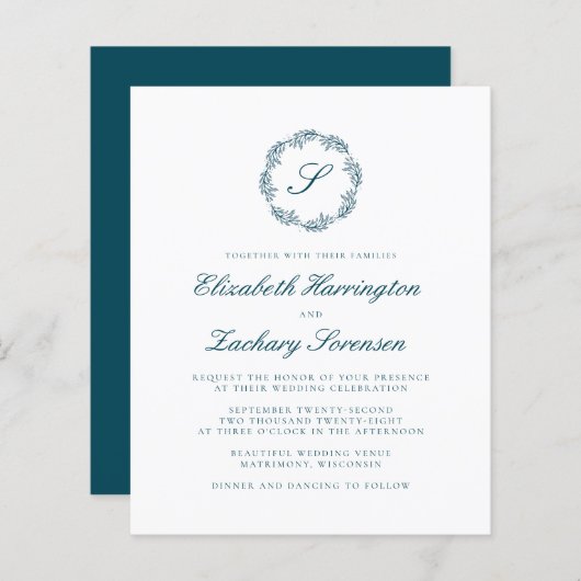 Papier Budget Turquoise bleu Monogramme Wreath QR Code Ma (Devant / Derrière)