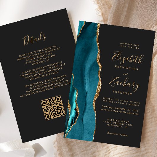 Papier Budget Turquoise Blue Agate Dark QR Code Mariage