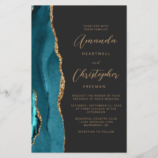 Papier Budget Turquoise Blue Gold Agate Dark QR Code Mari (Devant)