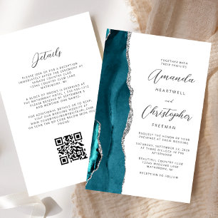 Papier Budget Turquoise Blue Silver Agate QR Code Mariage