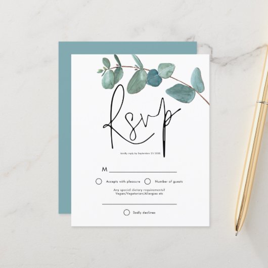 Papier Budget Turquoise Eucalyptus Élégant Script RSVP (Devant/Arrière en situation)