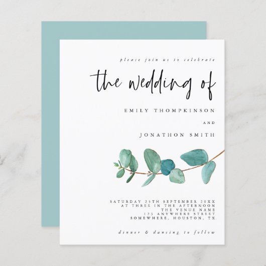 Papier Budget Turquoise Eucalyptus Faire-part de mariage (Devant / Derrière)