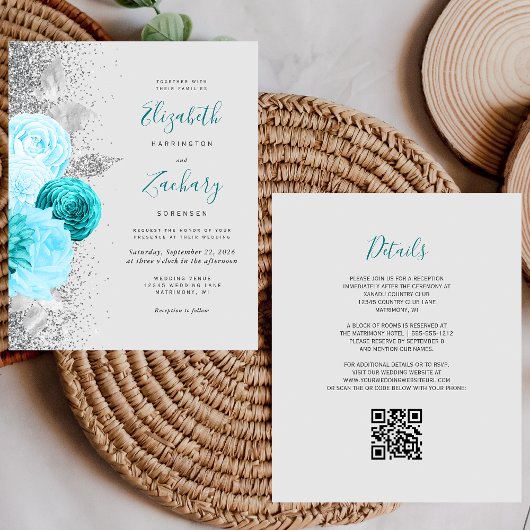 Papier Budget Turquoise Floral Silver QR Code Mariage