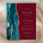 Papier Budget Turquoise Gold Agate Bourgogne Faire-part d<br><div class="desc">Le bord gauche de cette élégante faire-part de mariage moderne comporte une bordure turquoise en aquarelle ornée d'une parties scintillant en faux or. Le texte personnalisable combine écriture manuscrite dorée, copperplate et polices italiques sur un arrière - plan rouge bordeaux profond et riche. L'envers présente un design d'agate turquoise et...</div>