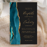 Papier Budget Turquoise Gold Agate Dark Faire-part de mar<br><div class="desc">Le bord gauche de cette élégante faire-part de mariage moderne comporte une bordure turquoise en aquarelle ornée d'une parties scintillant en faux or. Le texte personnalisable combine écriture manuscrite couleur or, cuivre et polices italiques sur un arrière - plan non noir. L'envers présente un design d'agate turquoise et or assorti....</div>
