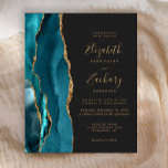 Papier Budget Turquoise Gold Agate Dark Faire-part de mar<br><div class="desc">Le bord gauche de cette élégante faire-part de mariage moderne comporte une bordure turquoise en aquarelle ornée d'une parties scintillant en faux or. Le texte personnalisable combine écriture manuscrite couleur or, cuivre et polices italiques sur un arrière - plan gris fusain foncé. L'envers présente un design d'agate turquoise et or...</div>