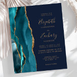 Papier Budget Turquoise Gold Agate Marine Blue Wedding In<br><div class="desc">Le bord gauche de cette élégante faire-part de mariage moderne comporte une bordure turquoise en aquarelle ornée d'une parties scintillant en faux or. Le texte personnalisable combine écriture manuscrite dorée, cuivre et polices italiques sur un arrière - plan bleu marine sophistiqué. L'envers présente un design d'agate turquoise et or assorti....</div>