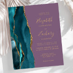 Papier Budget Turquoise Gold Agate Mauve Faire-part de ma<br><div class="desc">Le bord gauche de cette élégante faire-part de mariage moderne comporte une bordure turquoise en aquarelle ornée d'une parties scintillant en faux or. Le texte personnalisable combine écriture manuscrite dorée, cuivre et polices italiques sur un arrière - plan mauve. L'envers présente un design d'agate turquoise et or assorti. REMARQUE :...</div>