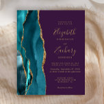 Papier Budget Turquoise Gold Agate Violet Mariage Invitat<br><div class="desc">Le bord gauche de cette élégante faire-part de mariage moderne comporte une bordure turquoise en aquarelle ornée d'une parties scintillant en faux or. Le texte personnalisable associe écriture manuscrite dorée, copperplate et polices italiques sur un arrière - plan violet profond opulent. L'envers présente un design d'agate turquoise et or assorti....</div>