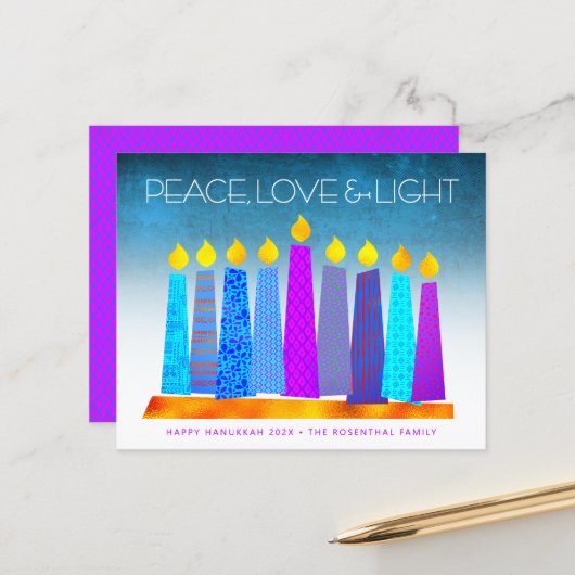 Papier Budget Turquoise Hanoukka bougies Peace Love Card (Devant/Arrière en situation)
