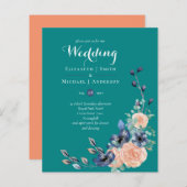 Papier BUDGET Turquoise Marine Coral Floral Mariages Invi (Devant / Derrière)