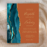 Papier Budget Turquoise Or Agate Brûlé Orange rouille Mar<br><div class="desc">Le bord gauche de cette élégante faire-part de mariage moderne comporte une bordure turquoise en aquarelle ornée d'une parties scintillant en faux or. Le texte personnalisable combine écriture manuscrite couleur or, cuivre et polices italiques sur un arrière - plan orange brûlé. L'envers présente un design d'agate turquoise et or assorti....</div>