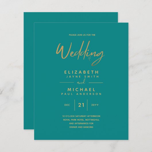 Papier Budget Turquoise or moderne simple Faire-part de m (Devant / Derrière)