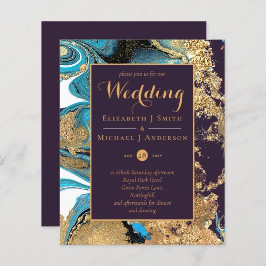 Papier BUDGET Turquoise Purple Gold Agate Mariage Invitat (Devant / Derrière)