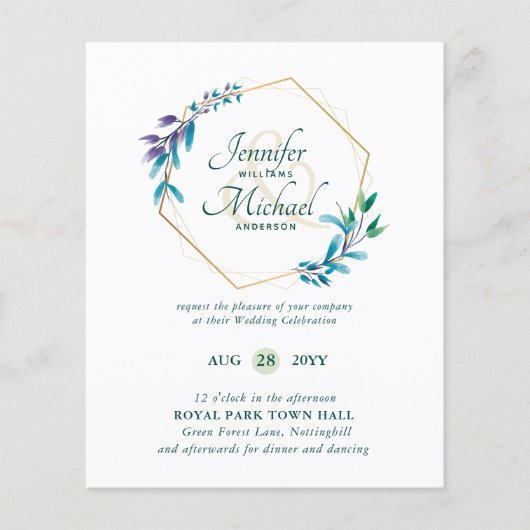 Papier BUDGET Turquoise Purple Gold Wreath Wedding Invita (Devant)