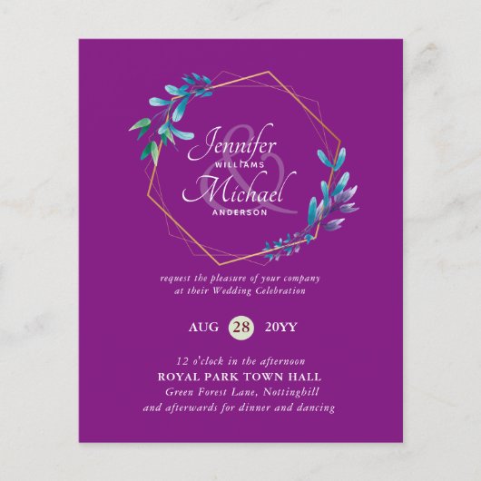 Papier BUDGET Turquoise Purple Gold Wreath Wedding Invita (Devant)