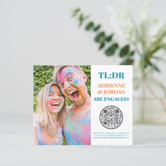 Papier Budget Turquoise QR Code Fun Photo Fiançailles (Debout devant)