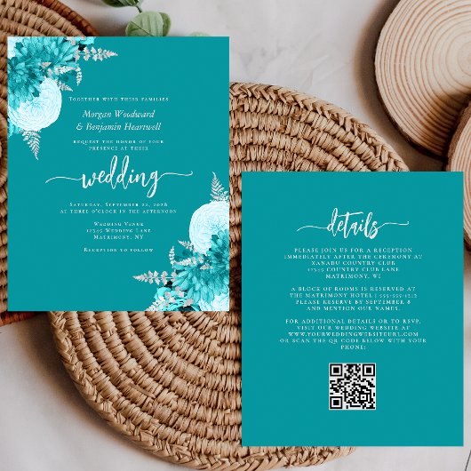 Papier Budget Turquoise Silver Floral QR Code Wedding