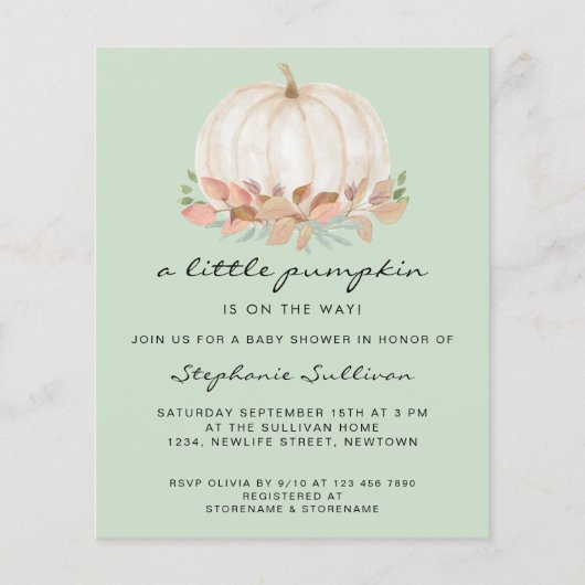 Papier Budget Un Baby shower Vert Un Peu Citrouille Invit (Devant)