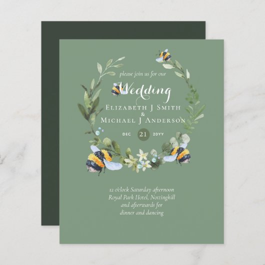 Papier BUDGET Verdure Eucalyptus Bees Mariage Invite (Devant / Derrière)