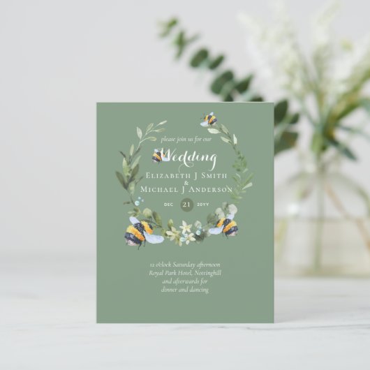 Papier BUDGET Verdure Eucalyptus Bees Mariage Invite (Debout devant)