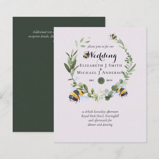 Papier BUDGET Verdure Eucalyptus Bees Mariage Invite (Devant / Derrière)