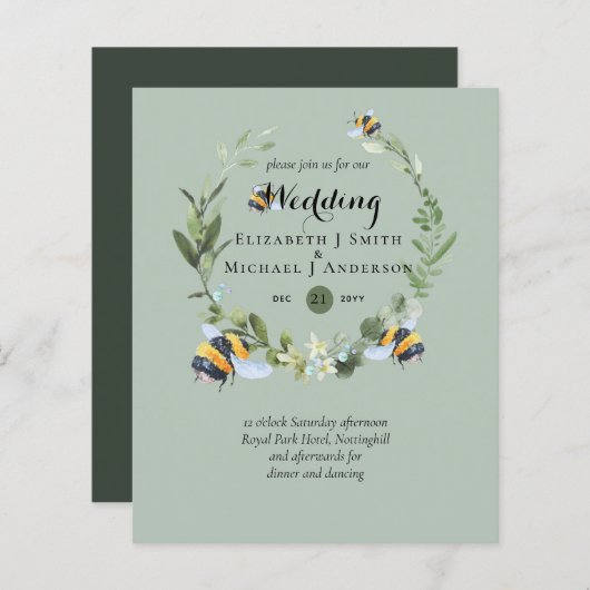 Papier BUDGET Verdure Eucalyptus Bees Mariage Invite (Devant / Derrière)