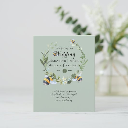 Papier BUDGET Verdure Eucalyptus Bees Mariage Invite (Debout devant)