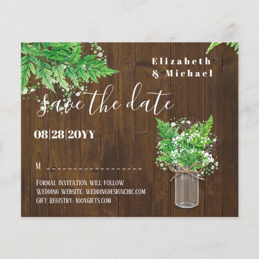 Papier BUDGET Verdure Ferns Mariage Sauvez Les Dates (Devant)