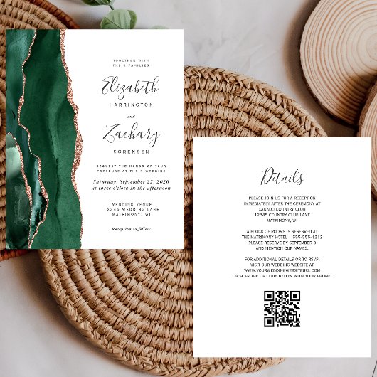 Papier Budget Vert Agate Rose Gold QR Code Mariage