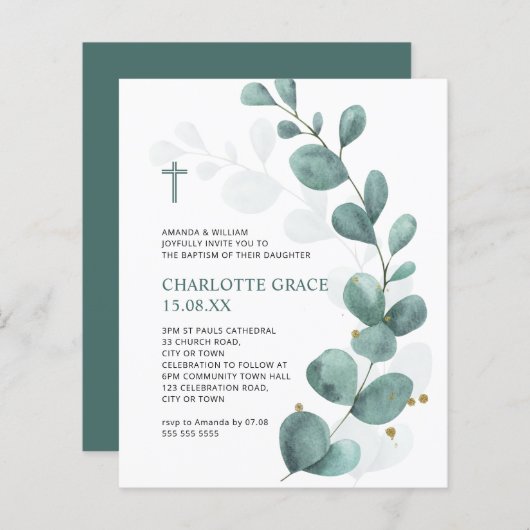 Papier Budget Vert Aquarelle Eucalyptus Baptême Invitatio (Devant / Derrière)