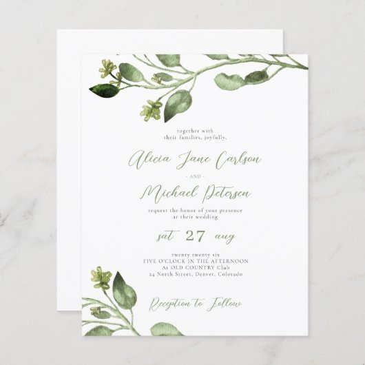 Papier Budget vert élégant script faire-part de mariage (Devant / Derrière)