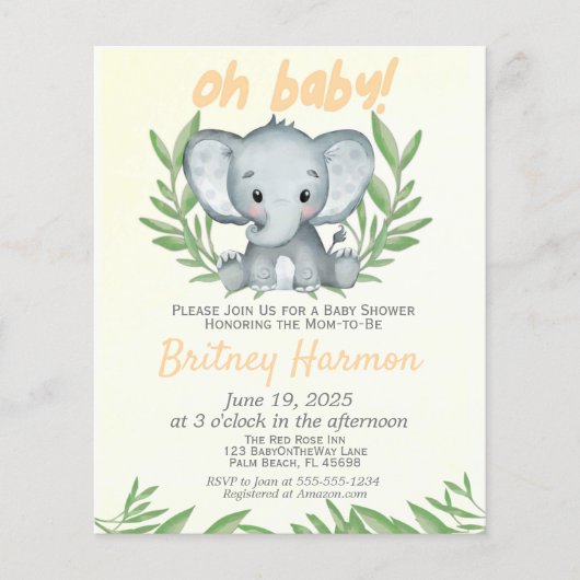 Papier Budget Vert Eléphant Baby shower neutre (Devant)