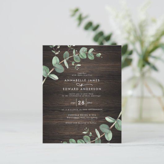 Papier budget vert eucalyptus bois foncé rustique mariage (Debout devant)