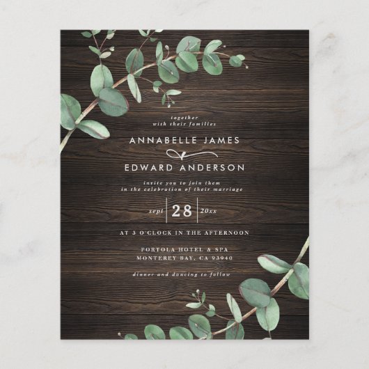 Papier budget vert eucalyptus bois foncé rustique mariage (Devant)