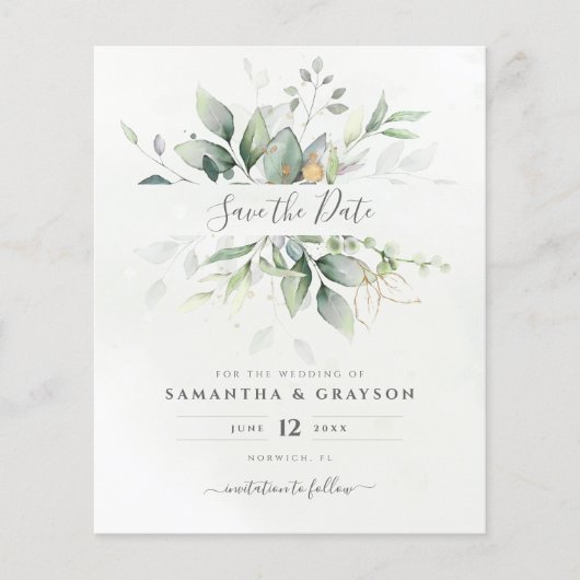 Papier Budget Vert Eucalyptus Mariage Enregistrer La Date (Devant)