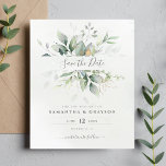 Papier Budget Vert Eucalyptus Mariage Enregistrer La Date<br><div class="desc">Beautiful Save the date card featuring watercolor eucalyptus and gold leaves. Perfect choice for spring and summer weddings.</div>